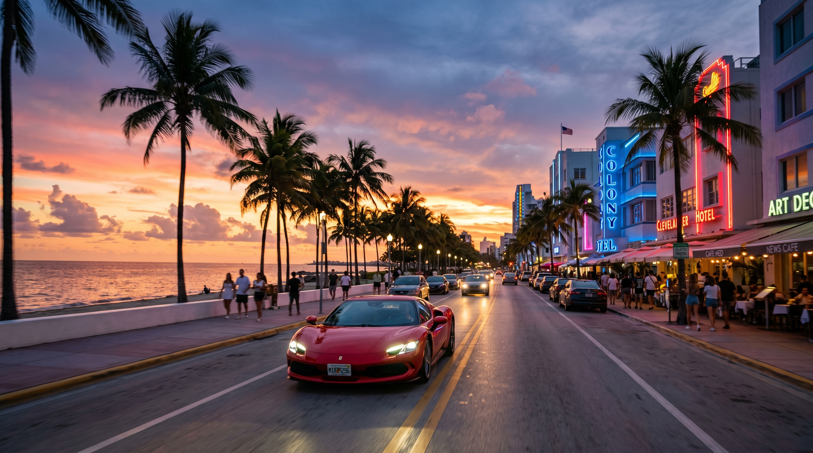 Red Ferrari on Ocean Drive Miami at sunset with palm trees and Art Deco buildings, full-width cinematic shot
