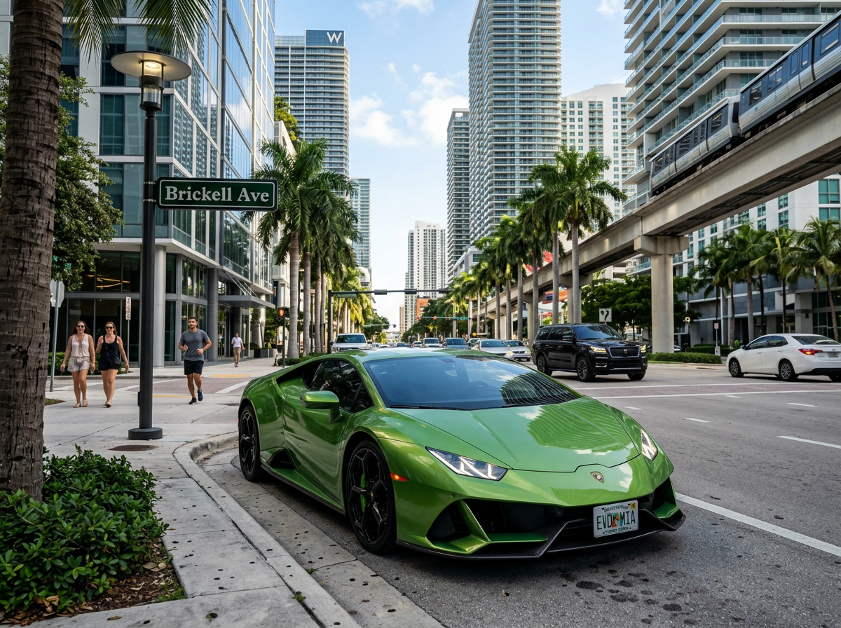 2021 Lamborghini Huracan EVO coupe in metallic green parked on Brickell Avenue Miami