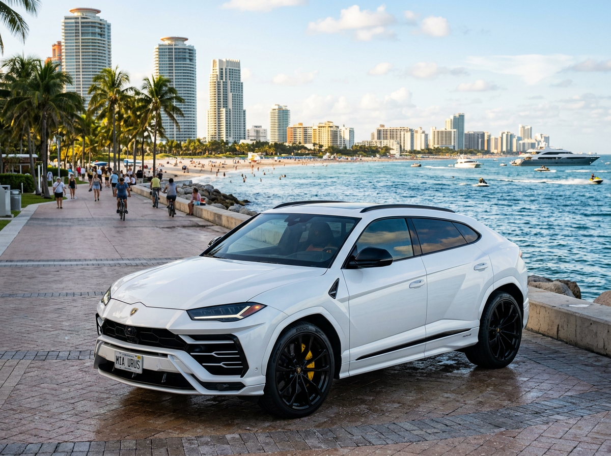 2025 Lamborghini Urus SE SUV in pearl white at Miami Beach waterfront