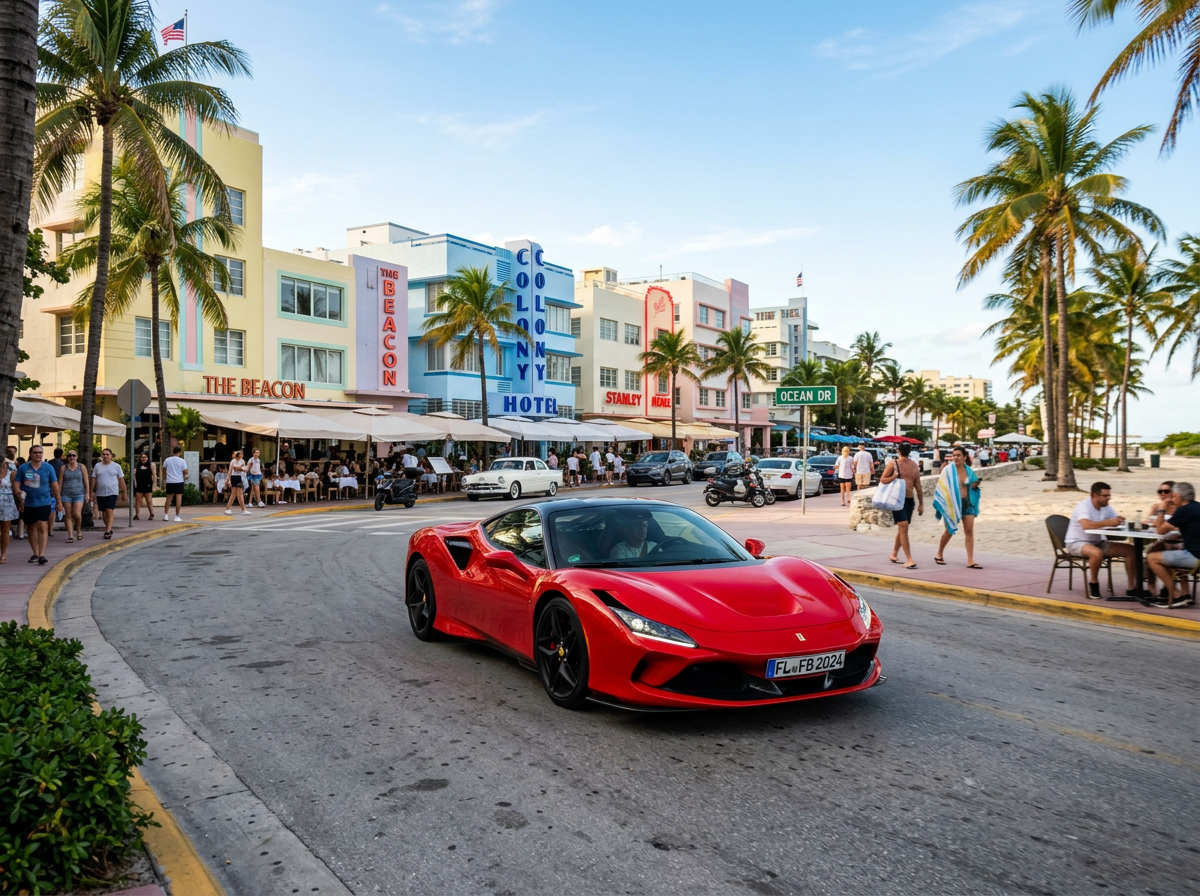 2024 Ferrari F8 Tributo in Rosso Corsa red on Ocean Drive Miami South Beach