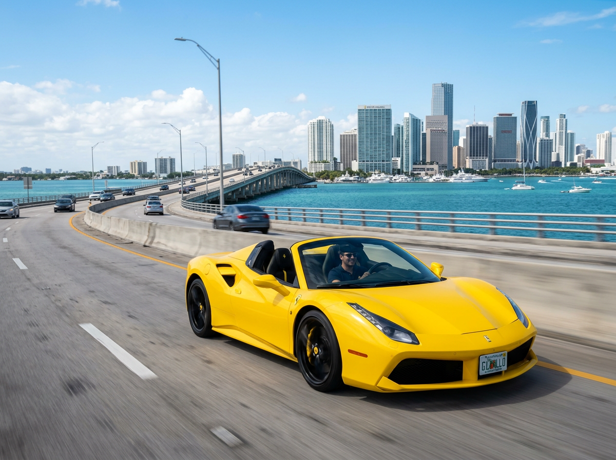 2020 Ferrari 488 Spider convertible in yellow driving on Rickenbacker Causeway Miami