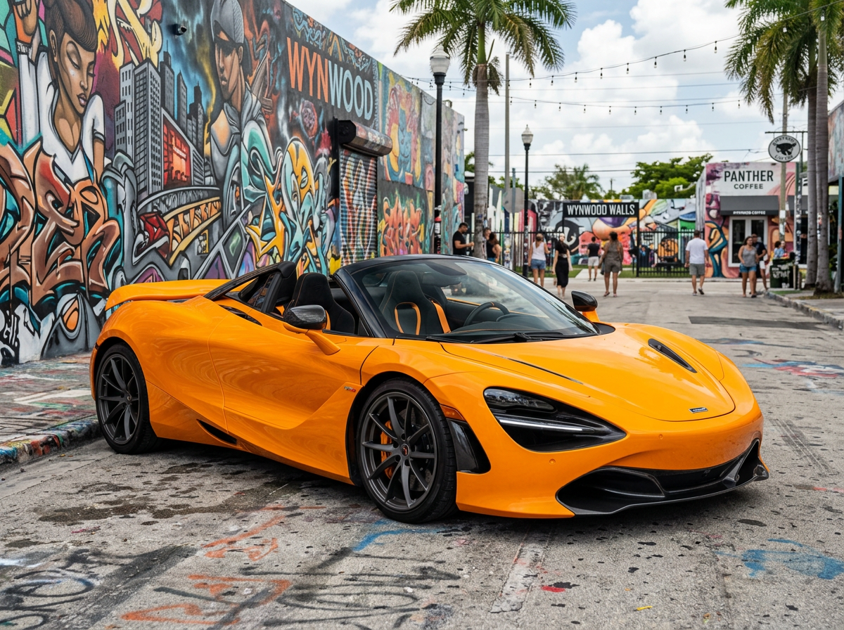 2021 McLaren 720S Spider in papaya orange with roof open parked in Wynwood Miami