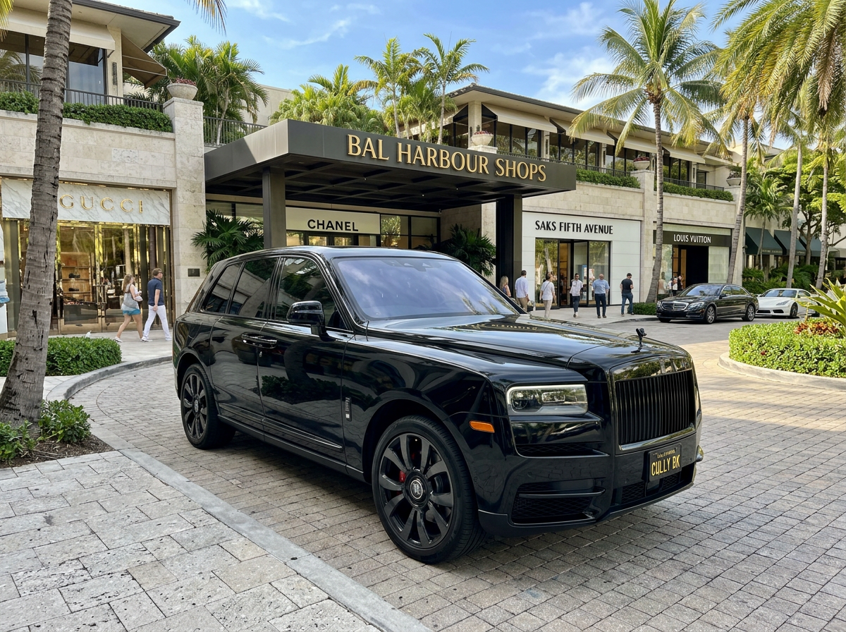 2022 Rolls-Royce Cullinan Black Badge in obsidian black parked in front of Bal Harbour Shops Miami