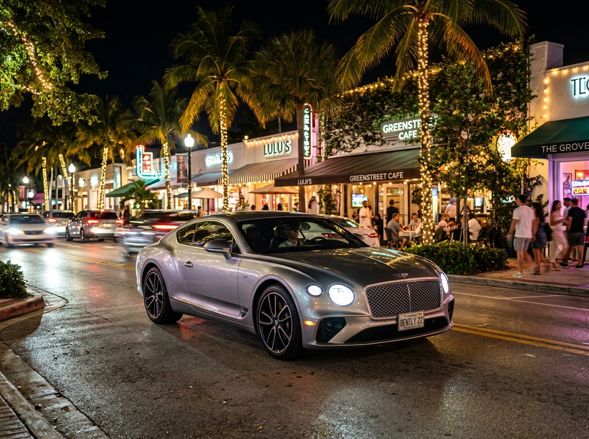 2022 Bentley Continental GT coupe in silver storm on Coconut Grove Miami night