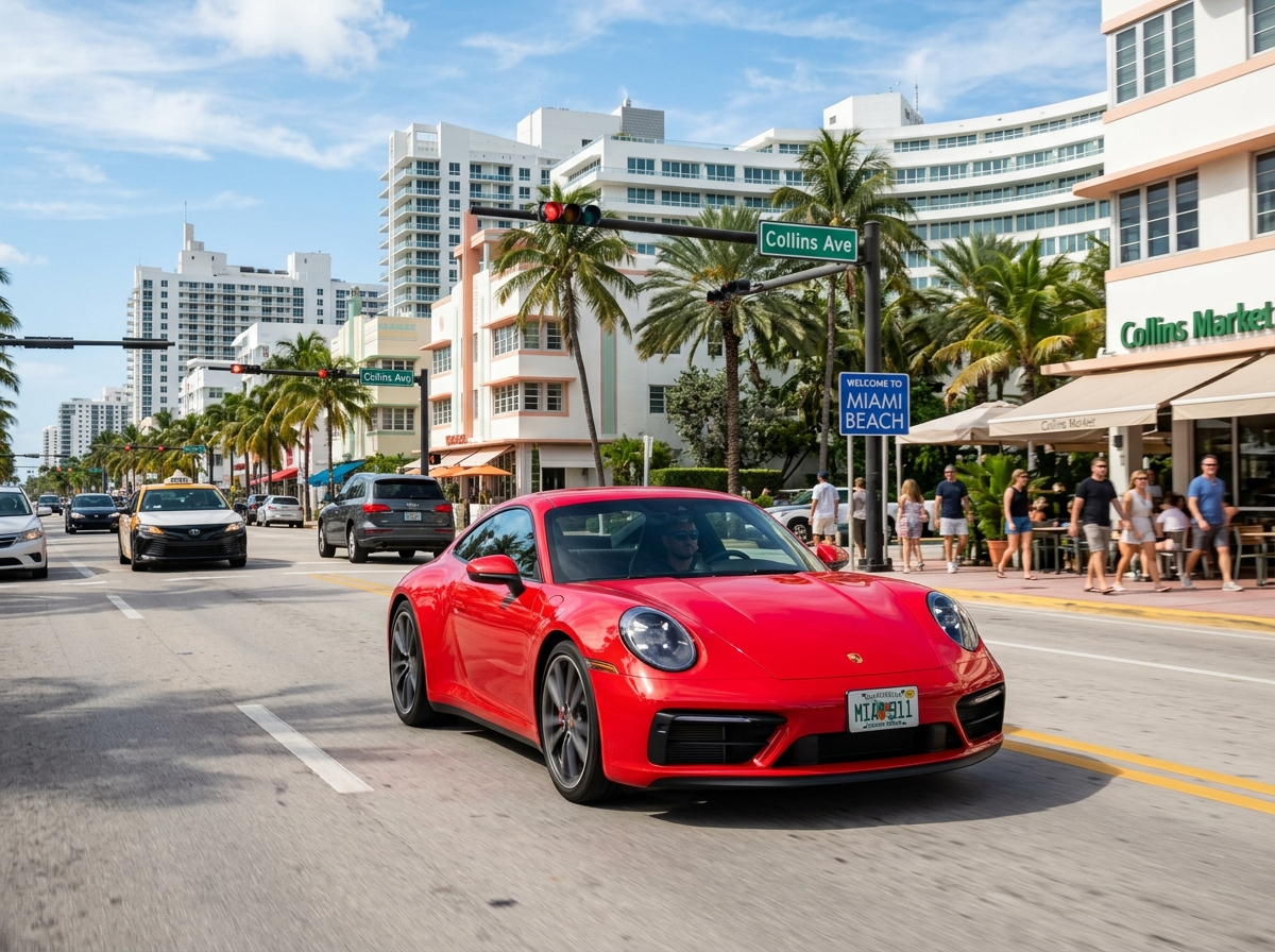 2026 Porsche 911 Carrera S in guards red on Collins Avenue Miami Beach
