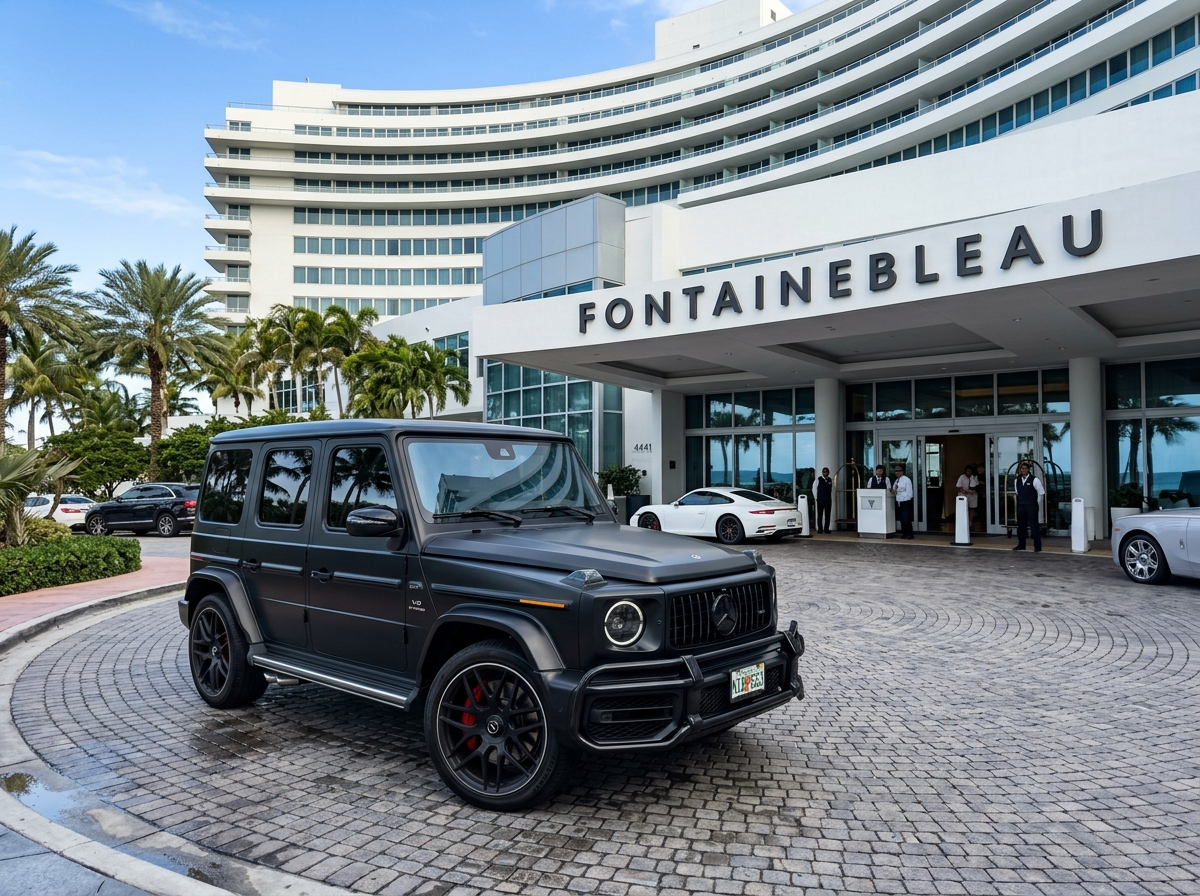 2024 Mercedes-Benz G63 AMG in matte black parked in front of Fontainebleau Hotel Miami Beach