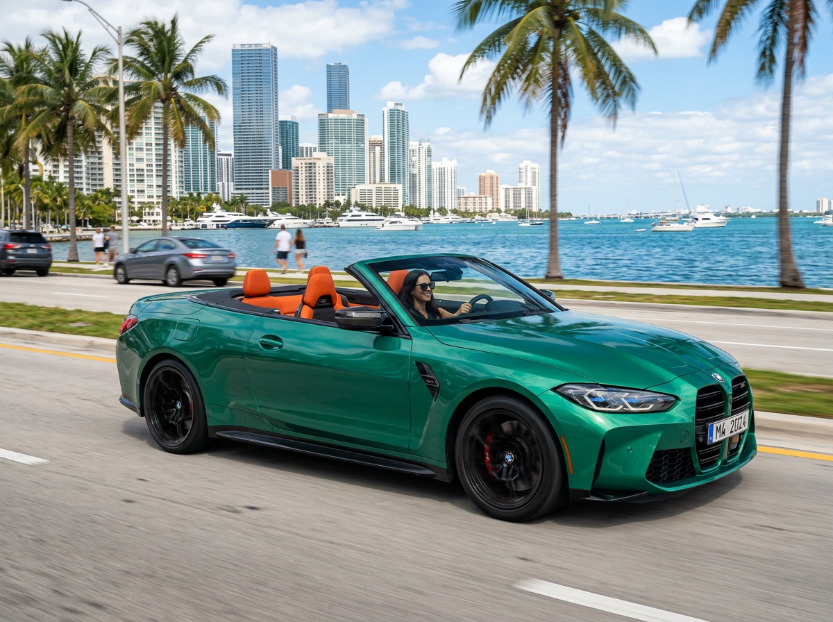 2024 BMW M4 Competition Convertible in Isle of Man Green with top down on Biscayne Bay Drive Miami