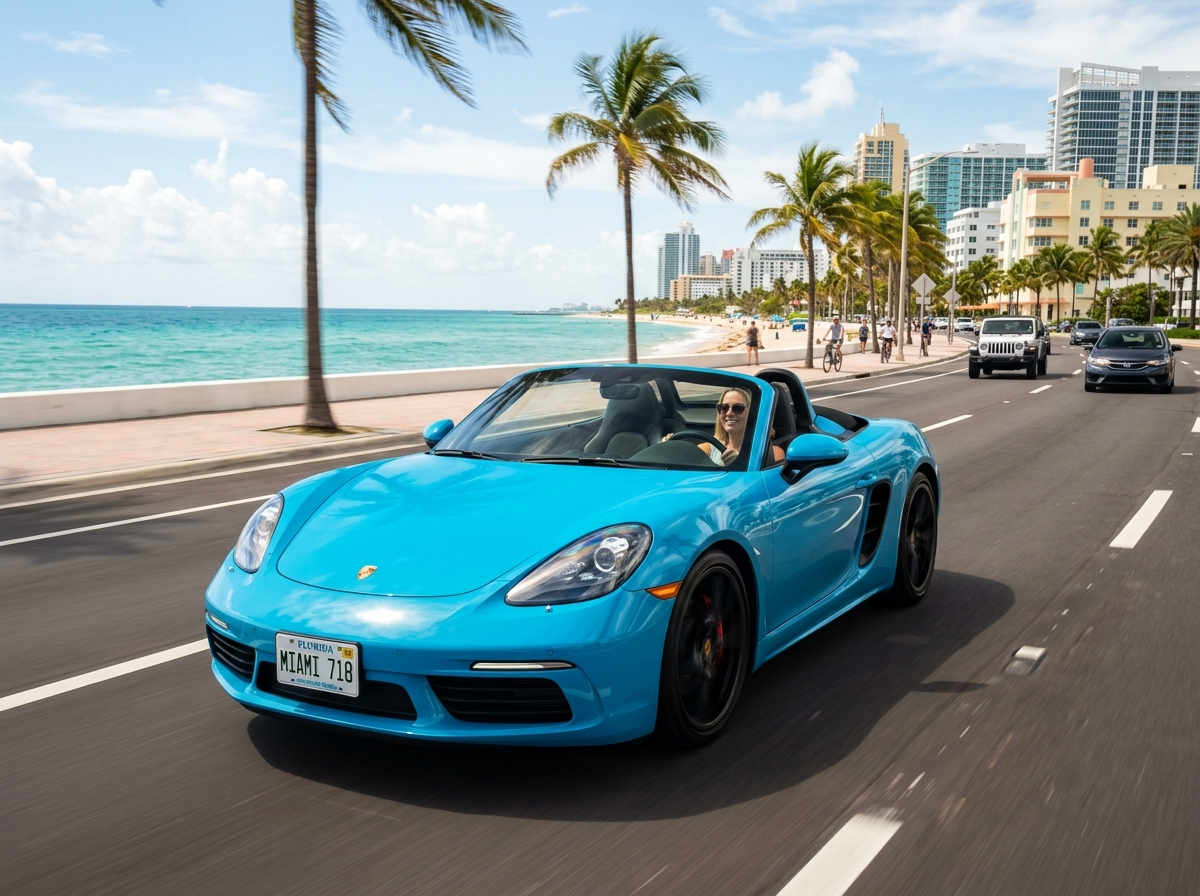 2023 Porsche 718 Boxster in Miami blue roadster convertible with top down on A1A Miami Beach
