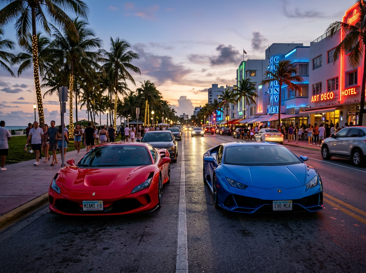 Lamborghini Huracan EVO and Ferrari F8 Tributo lined up side by side on Miami Ocean Drive at dusk exotic supercars