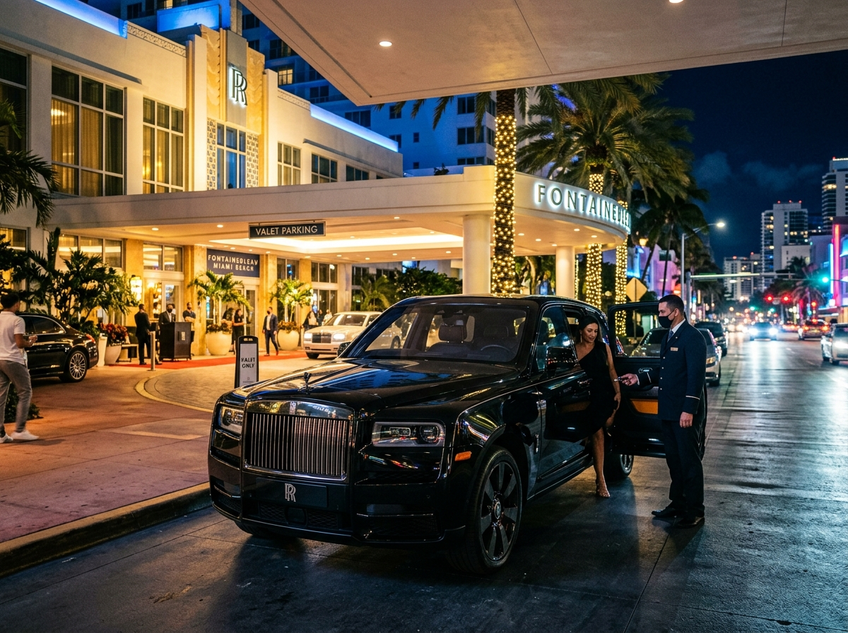 Rolls-Royce Cullinan Black Badge parked at valet entrance of a luxury Miami Beach hotel at night