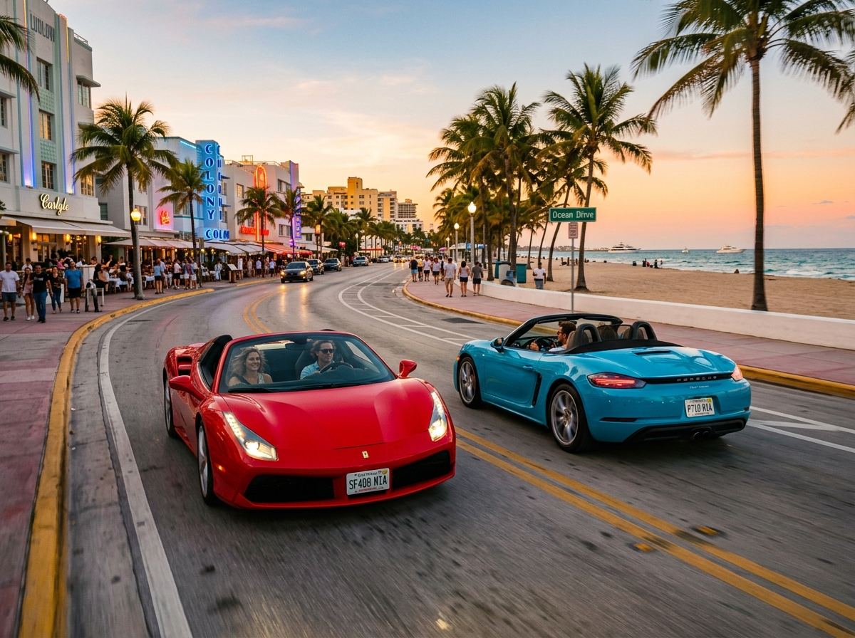 Porsche 718 Boxster and Ferrari 488 Spider convertibles with tops down driving along South Beach Miami waterfront golden hour