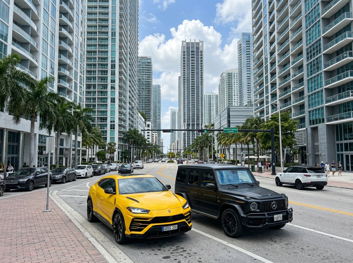 Lamborghini Urus SE and Mercedes-Benz G63 AMG luxury SUVs parked on Brickell Avenue Miami skyline background